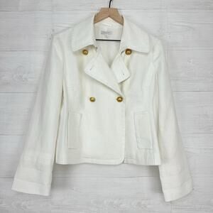 Garnet Hill Linen Cropped Trench Jacket 10 Petite White Preppy Double Breasted